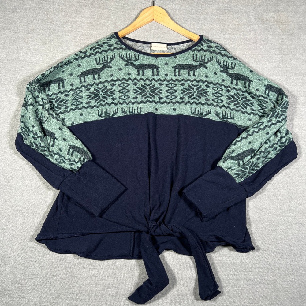 Raw Edge  Tie Front Fair Isle Reindeer Top Womens Small Navy Blue Green